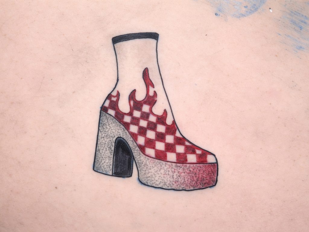 Tattoo eines Plateauschuhs mit roten Flammen und Karomuster auf Tattoo-Kunsthaut.