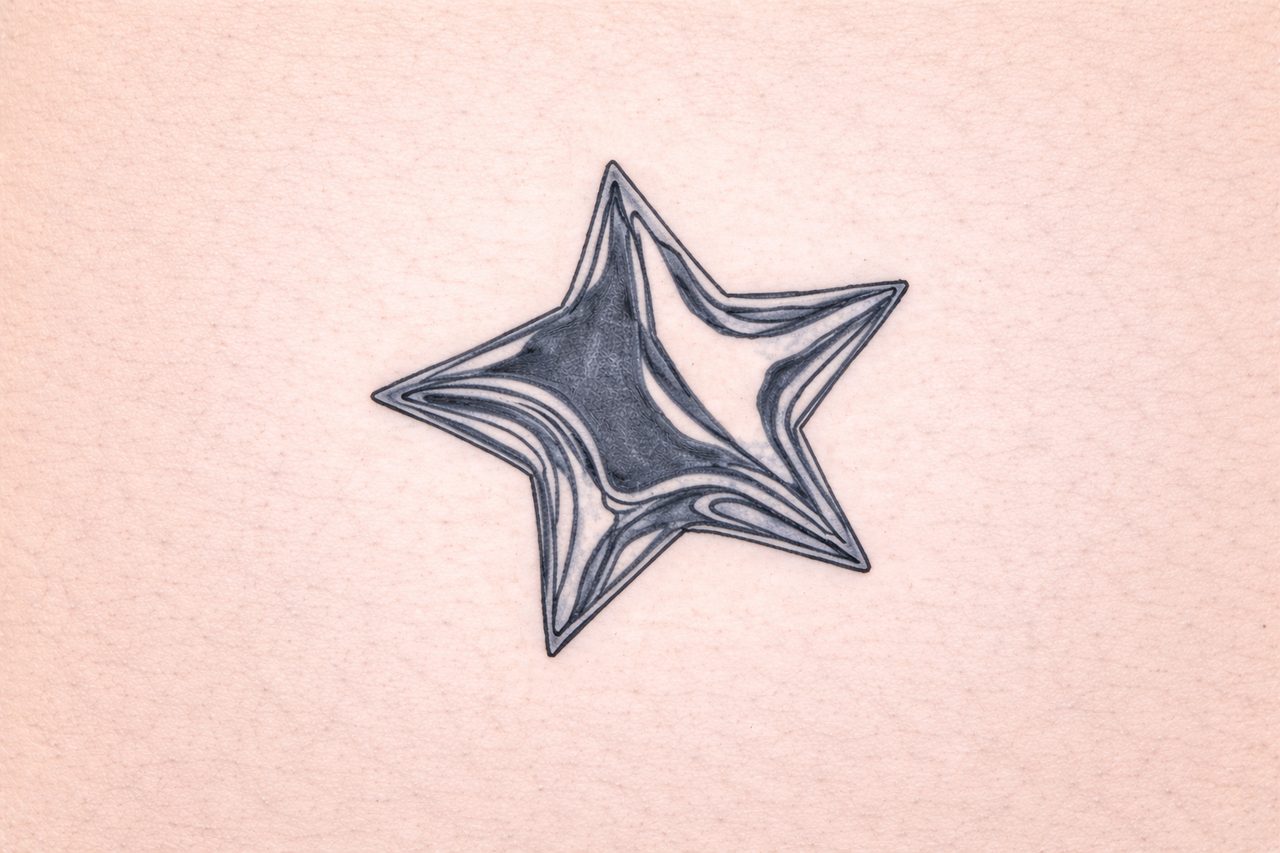 Schwarz-graues Stern-Tattoo mit geschwungenen Linien und grafischem Facetten-Look auf Tattoo-Kunsthaut.